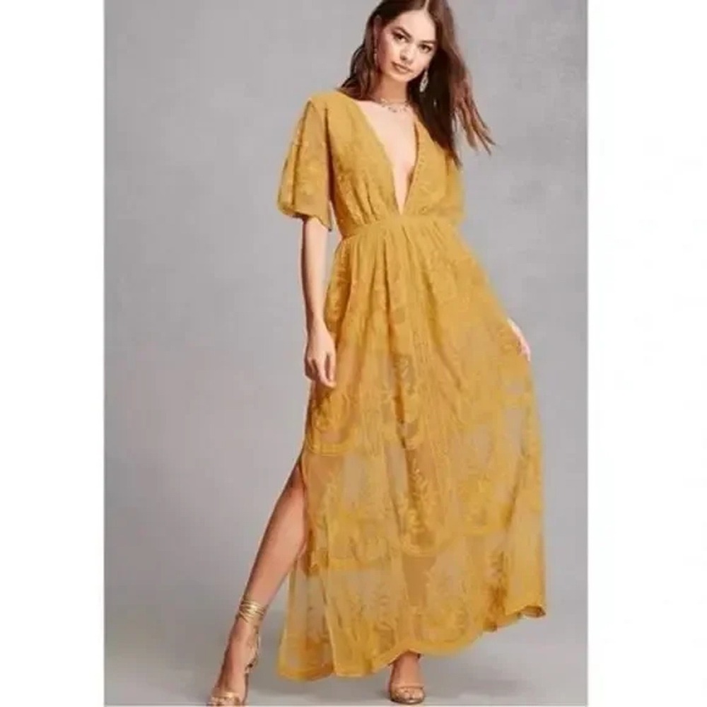 Wild Honey Floral Embroidered Mesh Boho Festival Short Sleeve Maxi‎ Dress Gold M